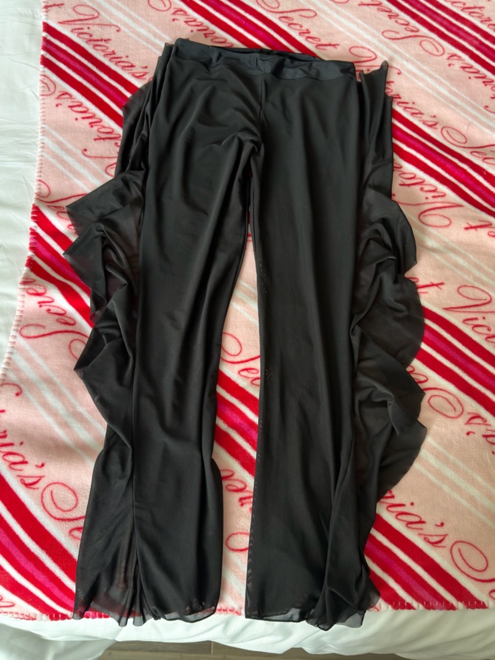 SHEIN Black Straight-Leg Sheer Pants with Side Ruffle